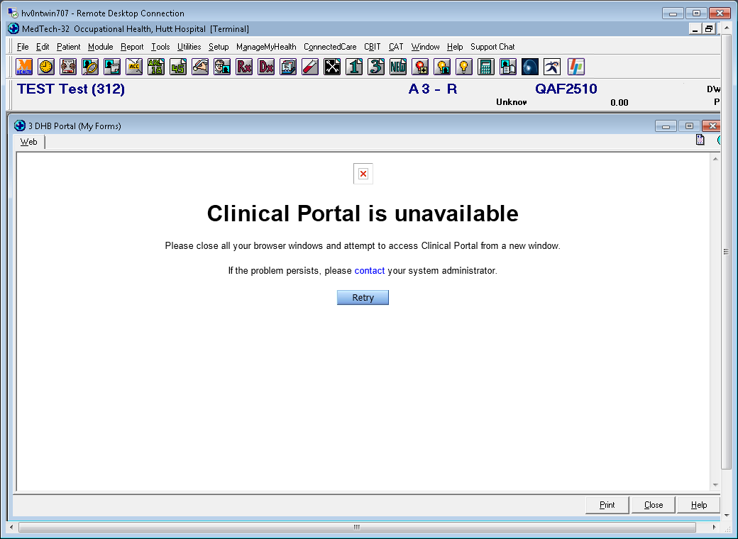 Screenshot showing Clinical portal is unavailable