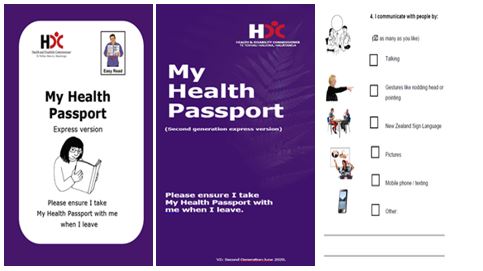 Example pages from ‘my health passport’, including a checklist to show others how you prefer communicating.